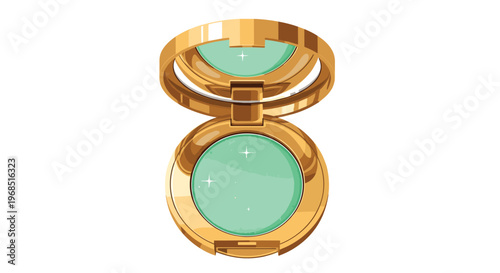 An open, circular gold compact is centered, showcasing a single pan of sparkling mint green eyeshadow with a mirror.