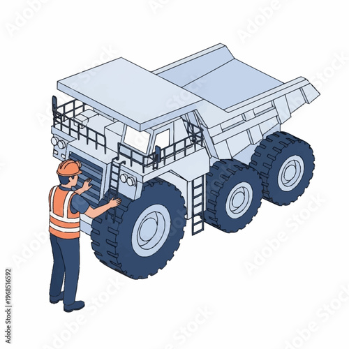 Isometric illustration of a worker inspecting a large mining dump truck.