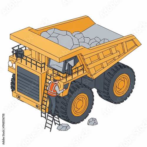 Isometric illustration of a worker climbing a ladder on a large mining dump truck filled with rocks.