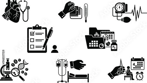 Medical and Healthcare Services Icon Set, Vector Infographic Elements for Patient Care, Hospital Workflow, Diagnostics, Surgery, and Health Management Isolated on White