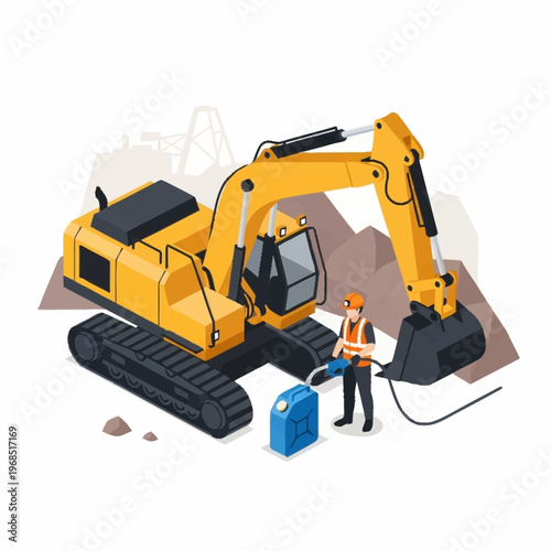 Isometric illustration of a worker refueling a large yellow excavator.