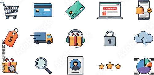 Ecommerce and online shopping flat icon set featuring payment delivery security customer review mobile commerce and digital transaction symbols