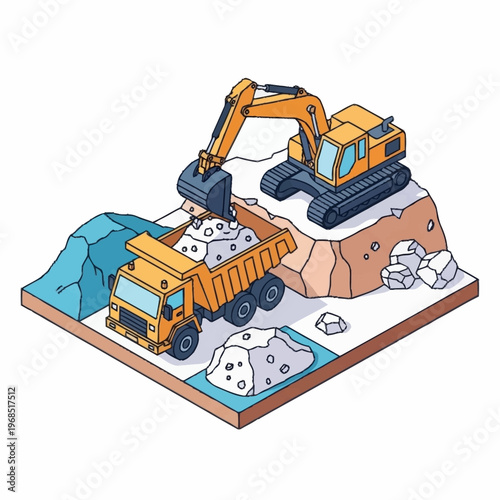 Isometric illustration of an excavator loading a dump truck with rocks.