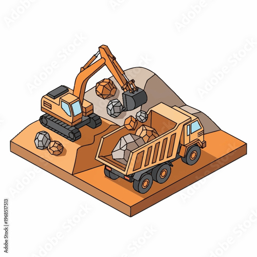 Isometric illustration of an excavator loading minerals into a dump truck at a mining site.