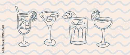 Summer cocktails linear retro set, design elements cocktails