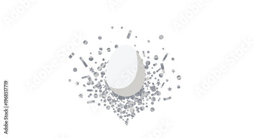 A single white egg is surrounded by scattered silver confetti shapes on a pure white background.