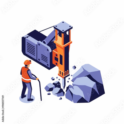 Isometric illustration of worker operating hydraulic breaker on rocks.