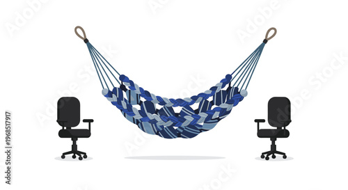 A blue and grey woven hammock is suspended between two black office chairs on a white background.