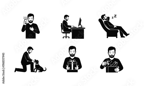 Father daily routine activities vector set man working sleeping playing dog illustration.