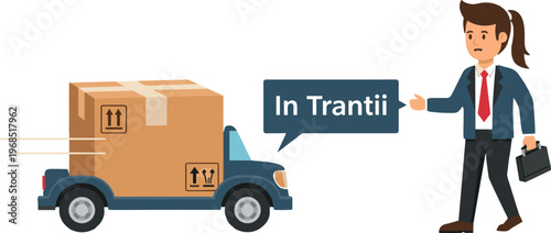 Delivery truck with package and businesswoman illustration representing shipping transit logistics service and order tracking concept