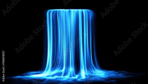 A luminous blue waterfall made of flowing light streams cascades down in a surreal, digital art style against a black background.