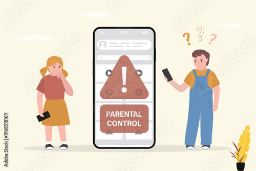 Parental control. Age restriction. Mobile phone with various content. Warning sign on display. Kids uses cell phones. Smartphone with media content for adults.