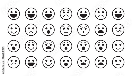 Clean vector line icons of round faces showing diverse range of emotions and behavioral expressions.