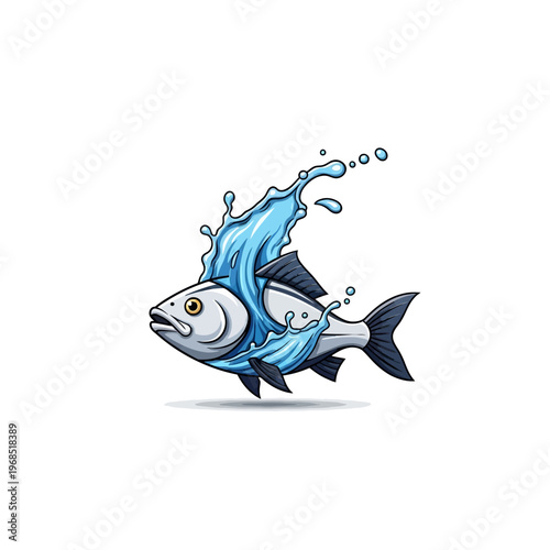 Cartoon style blue fish splashing water, isolated white background