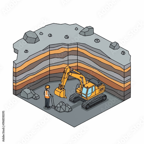 Isometric view of an excavator and worker in a geological cross-section.