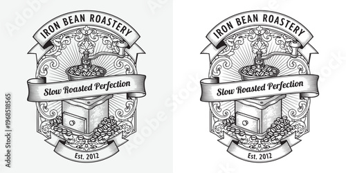 Hand Drawn Antique Coffee Grinder Logo for Iron Bean Roastery with Coffee Beans