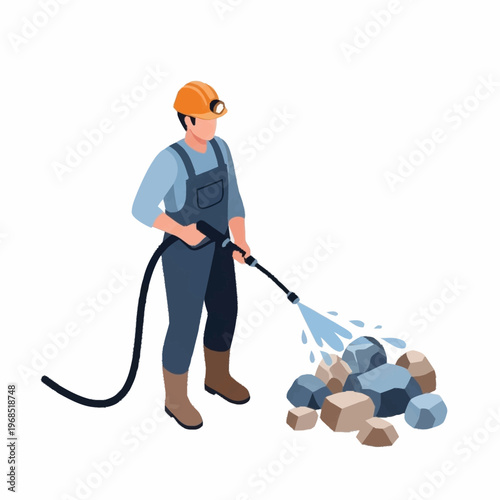 Miner cleaning raw minerals with water hose in isometric illustration.