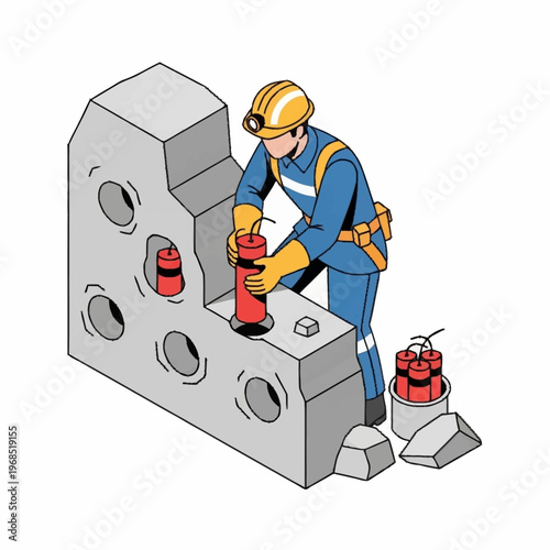 Miner placing dynamite in rock for excavation.