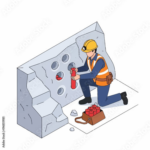 Miner preparing explosives in a rock wall for blasting.