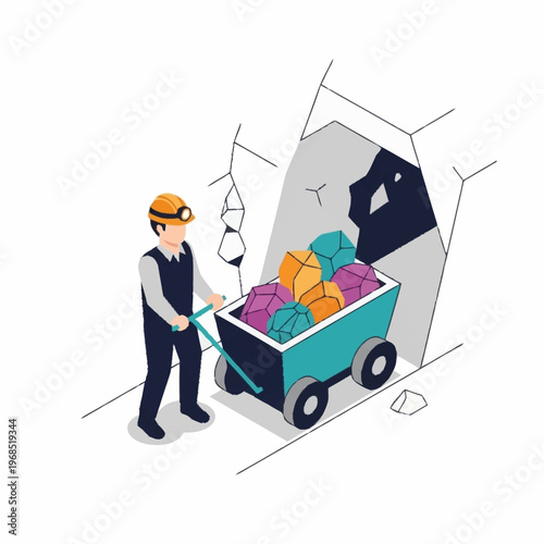Miner pushing a cart full of colorful gems out of a mine entrance.