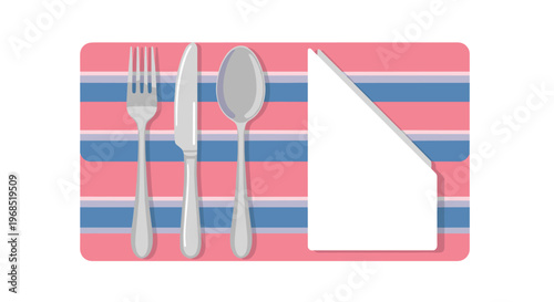 A silver fork, knife, spoon, and a white napkin are neatly arranged on a pink and blue striped placemat.