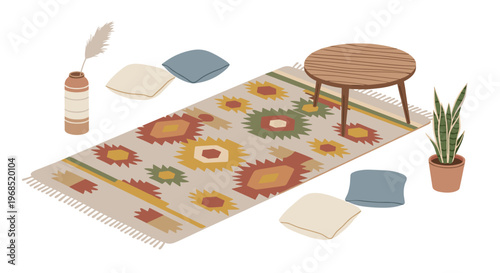 A patterned rug, a round wooden table, a snake plant, a vase, and floor cushions are arranged on a white background.