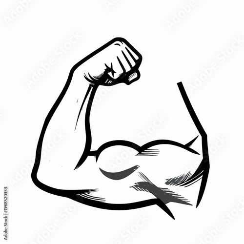 Single Muscular Arm Flexing Bicep, Minimalist Black and White Vector Illustration of a Strong Adult Male Athlete Bodybuilder Forearm, Fitness and Strength Concept, Isolated on White Background