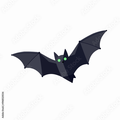 Minimalist flat vector illustration of a single flying bat in a geometric low-poly style with glowing green eyes for Halloween concept, isolated on white background, nocturnal wildlife art.