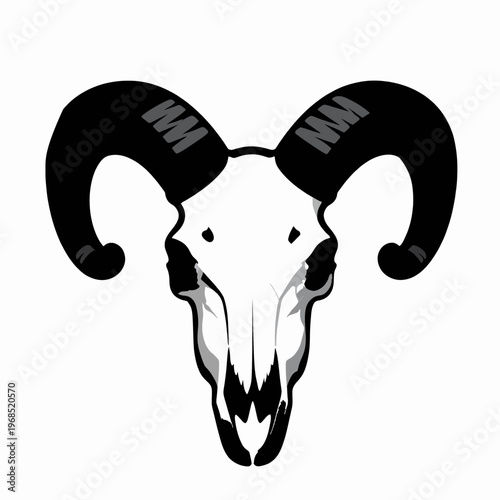 Symmetric flat vector illustration of a single ram skull with large curved horns, minimalist black silhouette design for hunting or nature concept, isolated on white background.