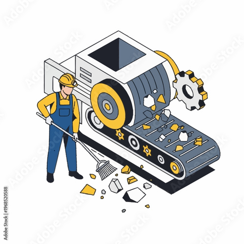 Worker cleaning debris near a crushing machine on a conveyor belt.