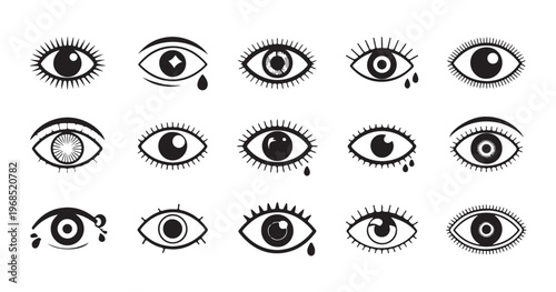 Set of mystic all seeing eyes, open eye, and crying eyes line art vector illustration for tattoo.