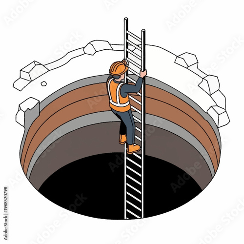 Worker climbing ladder out of manhole.