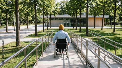 Person in wheelchair using accessible ramp in park approaching modern building surrounded by trees