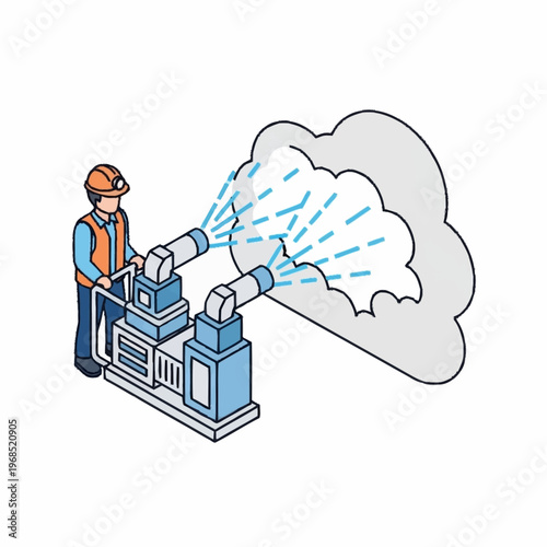 Worker operating a cloud seeding machine for weather modification.