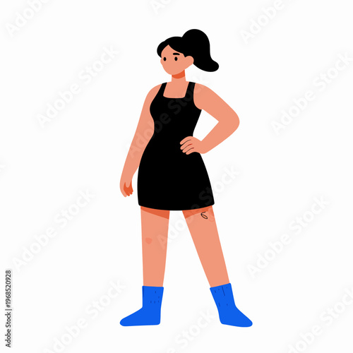 Confident Young Caucasian Woman with Floral Leg Tattoo Standing Indoors, Stylish Flat Vector Illustration of Modern Female Character in Black Dress and Blue Socks, Creative Body Art Concept