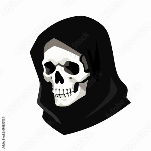 Stylized Grim Reaper Skull in Dark Hood Vector Illustration, Gothic Horror Flat Art Graphic of Death Character for Halloween Concept, Isolated Black and White Minimalist Icon for Edgy Design