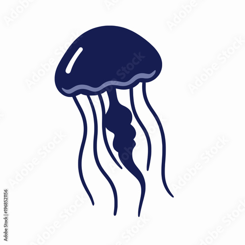 Minimalist flat vector illustration of a single swimming jellyfish with flowing tentacles, elegant marine life icon isolated on white background for nature and ocean-themed graphic design concepts.