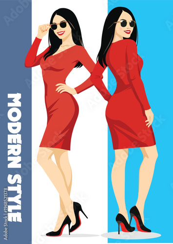 077-08-Stylish woman in red dress and sunglasses showing confidence and modern style