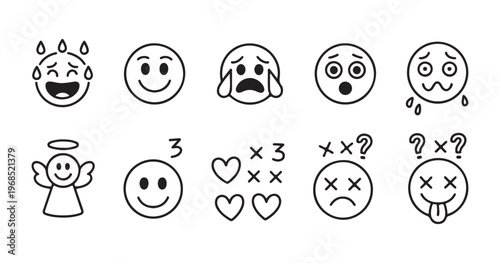 Minimal line art emoji set featuring various facial expressions for digital communication and design.