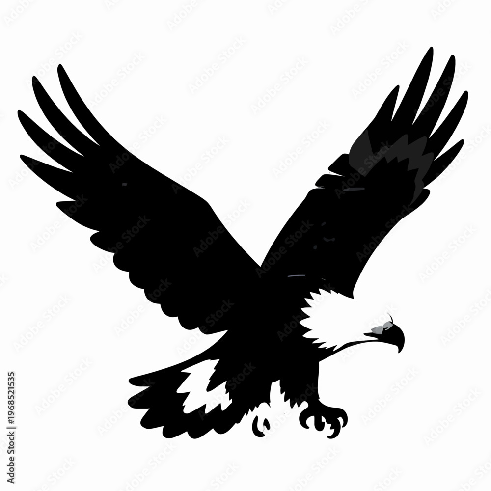 Fototapeta premium Majestic Bald Eagle in Mid-Flight Vector Illustration, Powerful Bird of Prey Soaring with Spread Wings, Minimalist Black and White Wildlife Graphic Isolated on White Background for Nature Concepts