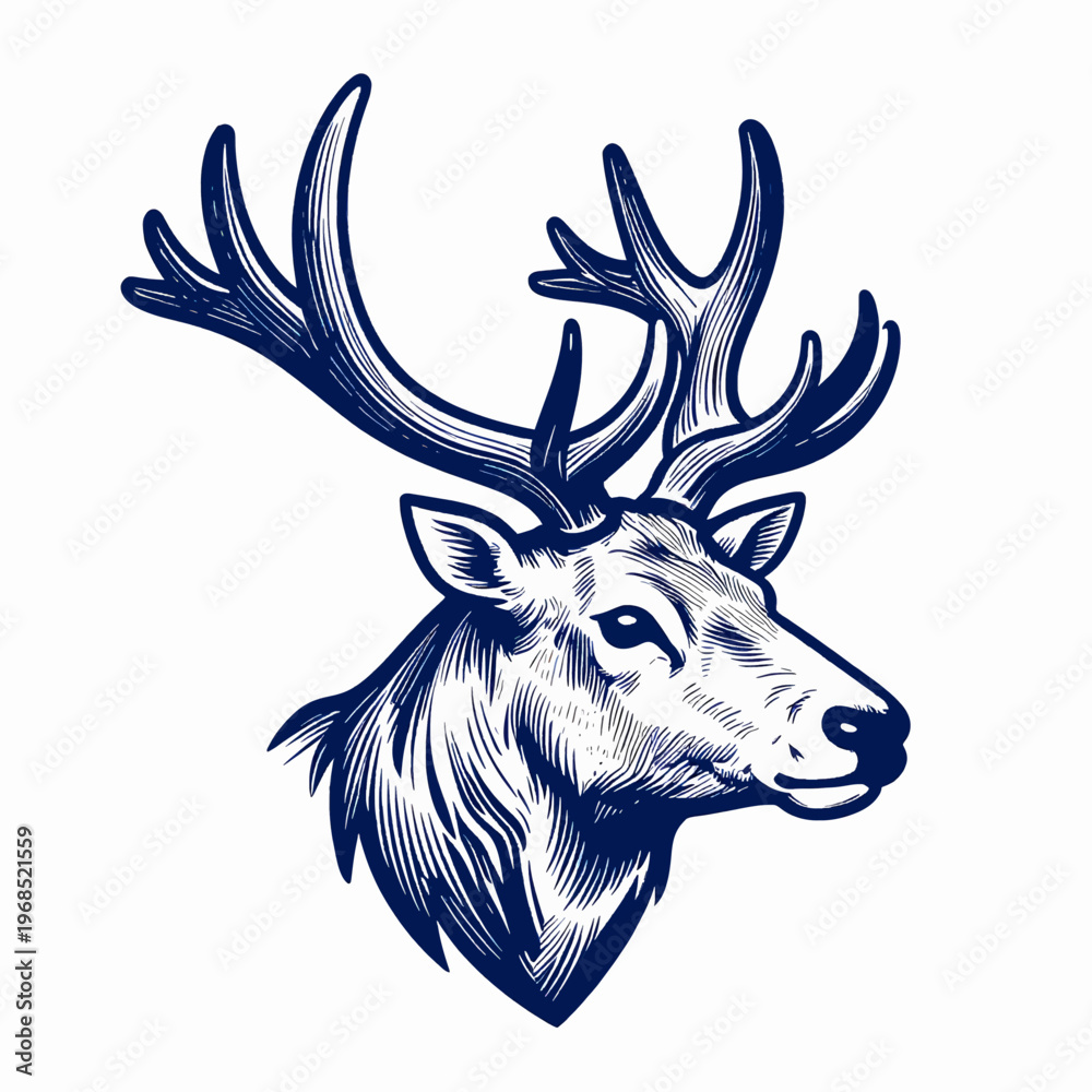 Fototapeta premium Majestic Bull Elk Head Profile in Vintage Blue Ink Woodcut Style, Detailed Antlers and Fur Texture, Flat Vector Illustration of North American Wildlife, Isolated on White Background
