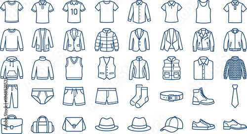 A set of clothing and accessories icons in a line art design vector silhouette style for fashion and lifestyle concepts