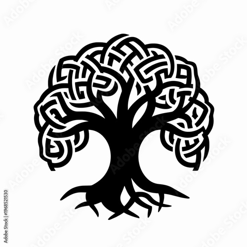 Ornate Celtic Tree of Life Vector Illustration, Intricate Black Knotwork Silhouette Symbolizing Nature and Heritage, Isolated Minimalist Tree Design for Spirituality and Genealogy Concepts