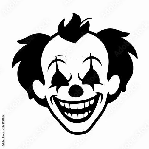 Sinister Creepy Clown Head Vector Illustration, Menacing White Male Jester Character with Evil Grin and Messy Hair, Horror Concept for Halloween, Isolated on White Background