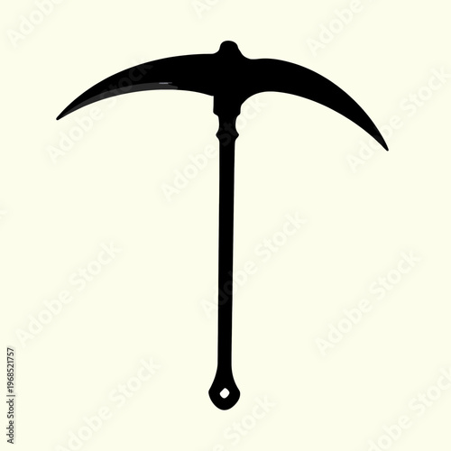 Minimalist Hand-Drawn Gothic Scythe Vector Illustration, Macabre Grim Reaper Tool in Traditional Tattoo Style, Bold Black Ink Silhouette Isolated on White Background for Halloween and Dark Concepts