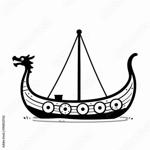 Minimalist Flat Vector Illustration of a Single Ornate Viking Longship with Dragon Prow and Shields, Norse Mythology Concept Art Isolated on White Background for Historical Graphic Design