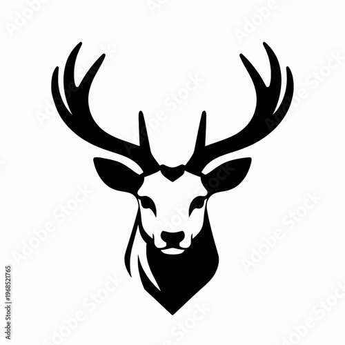 Minimalist black and white flat vector illustration of a single majestic buck deer head with large antlers, powerful wildlife animal skull symbol for hunting and nature conservation concepts.