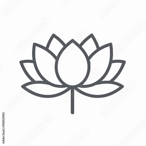 Minimalist flat vector illustration of a single blooming lotus flower, elegant Zen floral icon with clean charcoal gray lines for wellness and meditation concepts, isolated on white background.