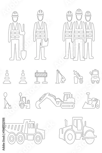 Civil Engineering and Building Industry Equipment Stroke Outline Icons