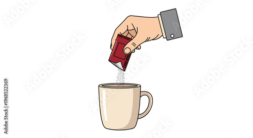 A hand in a grey suit sleeve is carefully pouring white granules from a red packet into a beige ceramic mug.